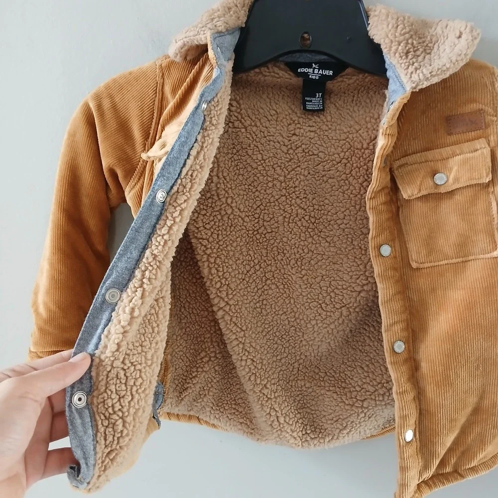 Eddie Bauer Boys 3t Jacket Corduroy Long Sleeve‎ Sherpa Lined Button up Tan - Picture 8 of 13